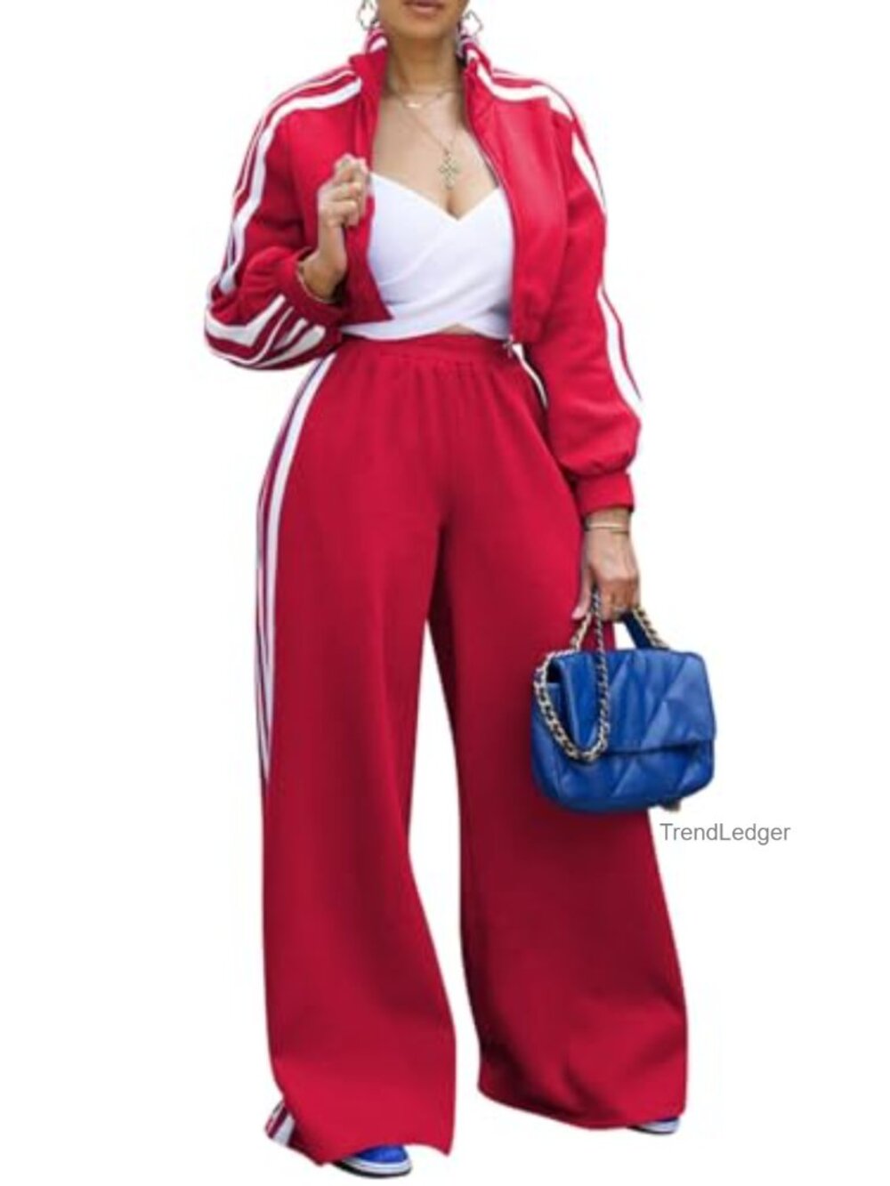 Women's Striped 2 Piece Sweatsuit Set Crop Jacket Wide Leg Pants